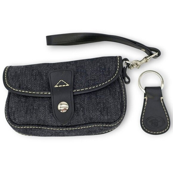 Vintage 90's Dooney & Bourke Denim DB Logo Wristlet Pouch Leather Strap Keyring - Picture 1 of 4